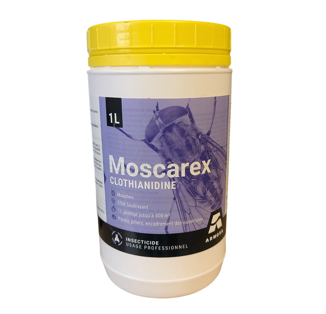 Moscarex Insecticide Prêt à l’emploi 1L – Armosa, solution professionnelle anti-mouches, sans odeur et autorisée en élevage.