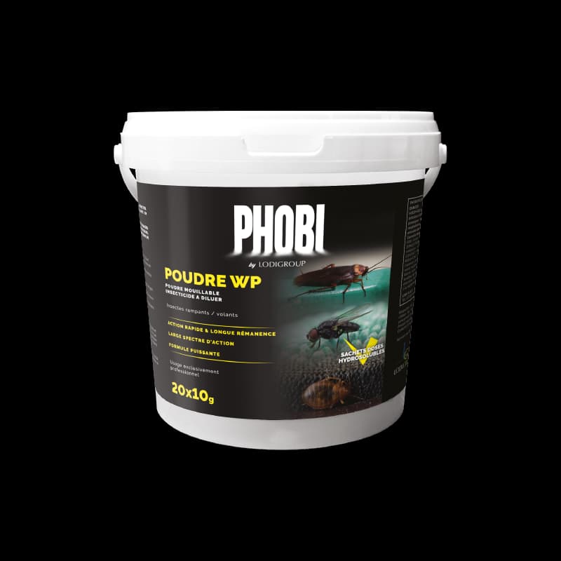 Seau de 200g de PHOBI Poudre WP par Lodi Group, insecticide professionnel en sachets hydrosolubles pour le traitement des insectes rampants et volants.