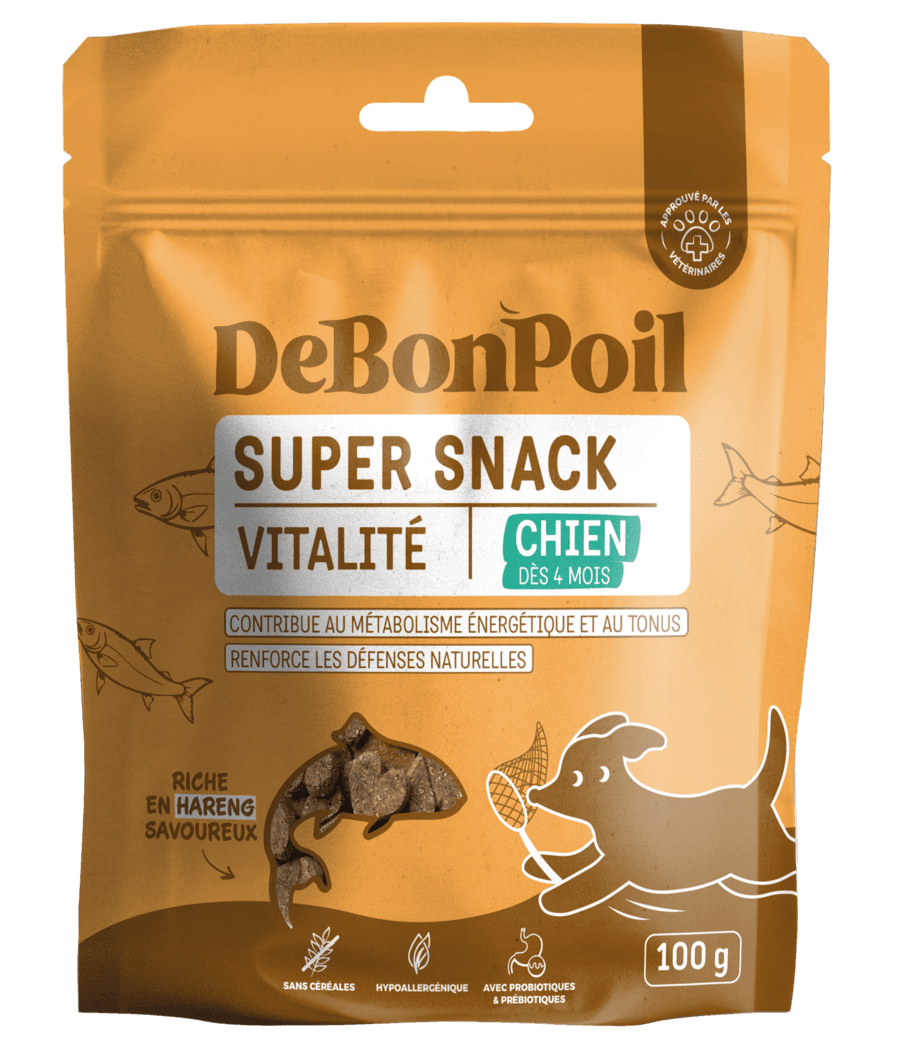 Sachet jaune de 100g DeBonPoil Super Snack Vitalité au hareng pour chien, favorisant le métabolisme énergétique et les défenses naturelles.