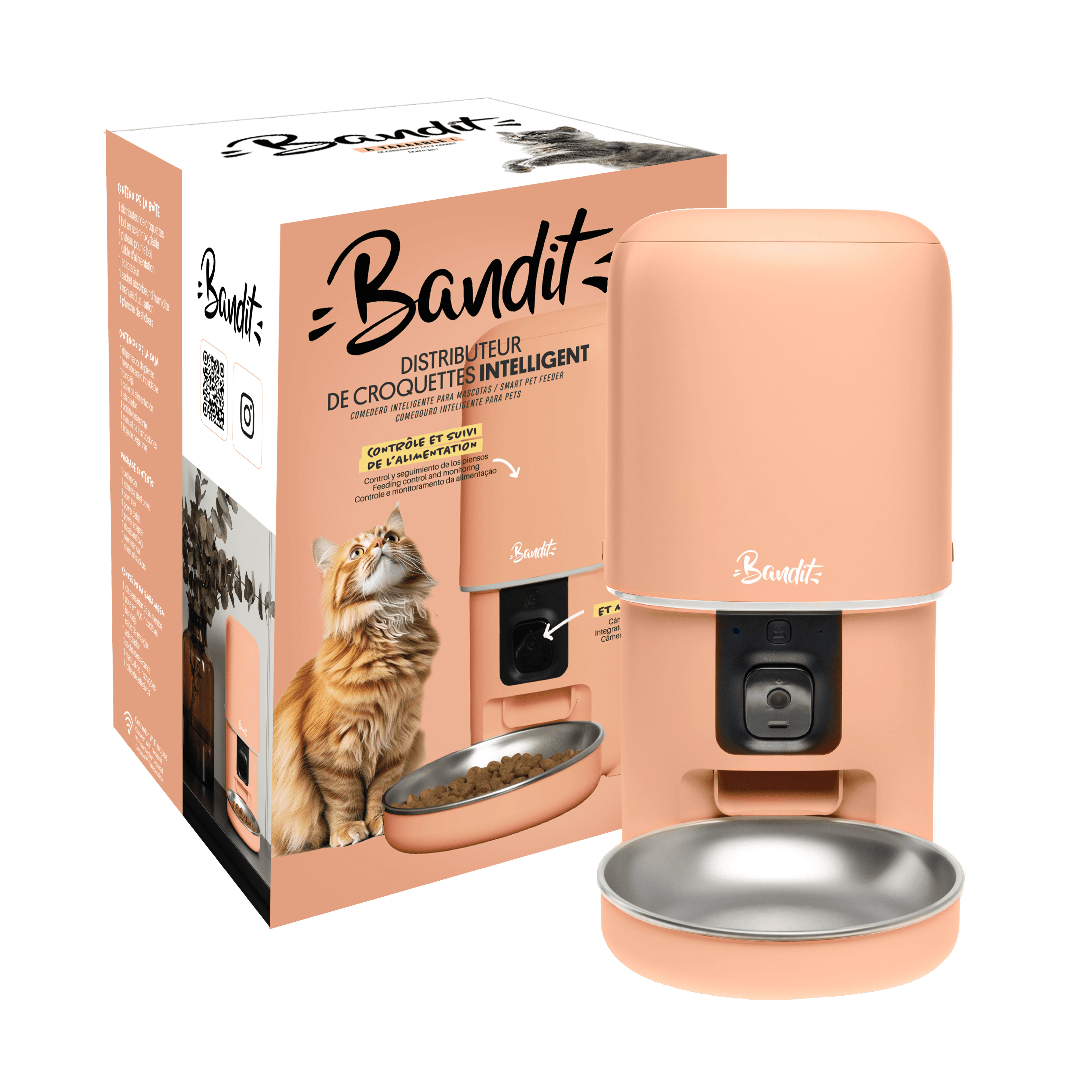 Distributeur automatique croquettes Bandit couleur Pêche caméra HD application chat chien