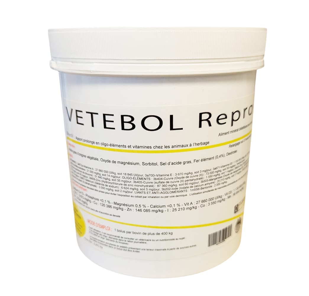 Vetebol Repro 16x61g – bolus reproduction et fertilité pour bovins, complément vitaminé et minéral Savetis