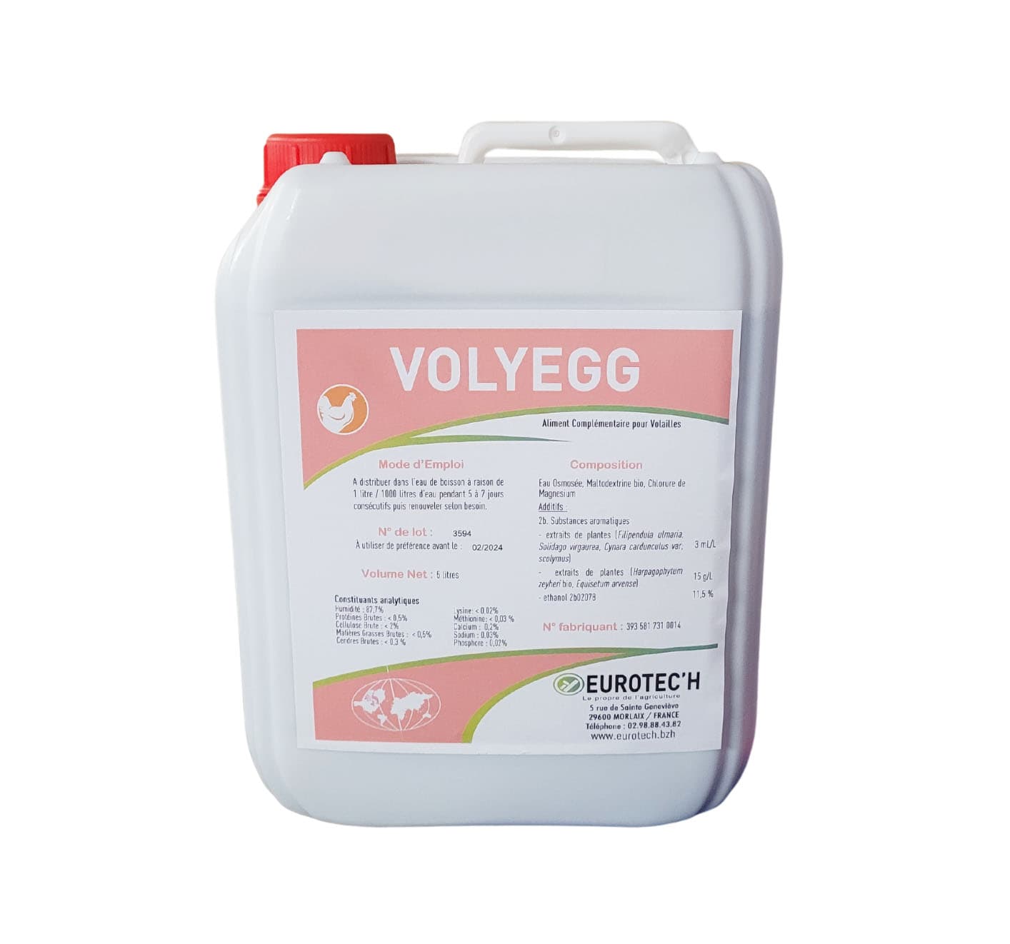 Bidon VOLYEGG 5L, complément alimentaire pour solidité de la coquille d'œuf en format professionnel.