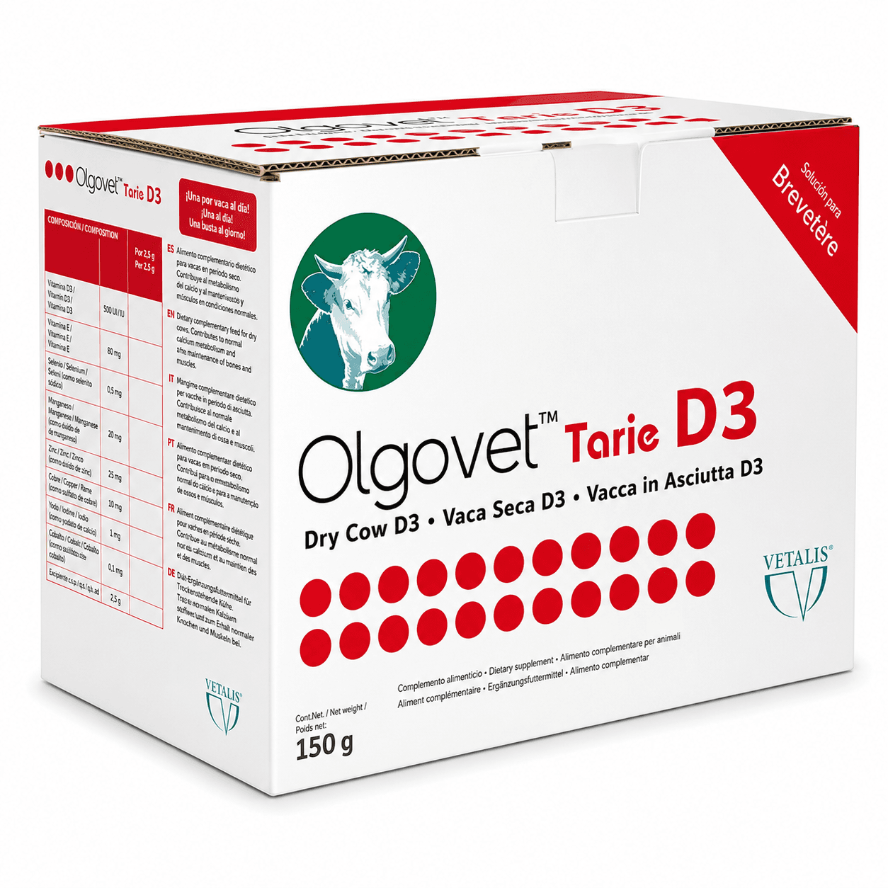 Boîte de 50 bolus Oligovet Vache Tarie Vétalis, complément minéral 90 jours pour vaches laitières.