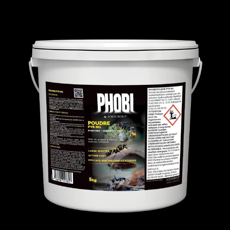 Seau PHOBI Poudre PYR NG 5kg Lodi Group, insecticide poudre choc pour nids de guêpes et frelons.