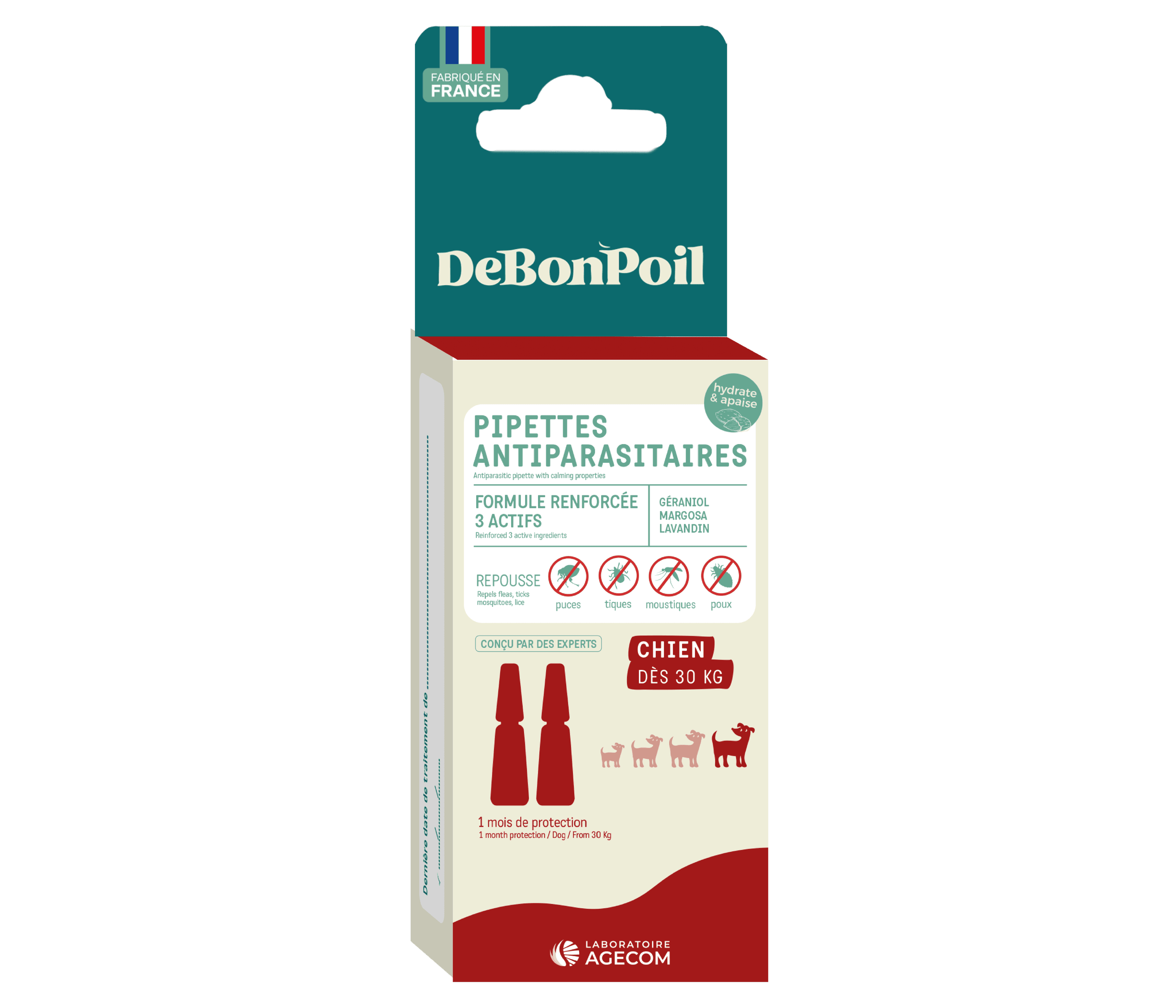 Boîte verte et beige de 2 Pipettes Antiparasitaires DeBonPoil pour grand chien de plus de 30 kg au géraniol fabriquées en France.