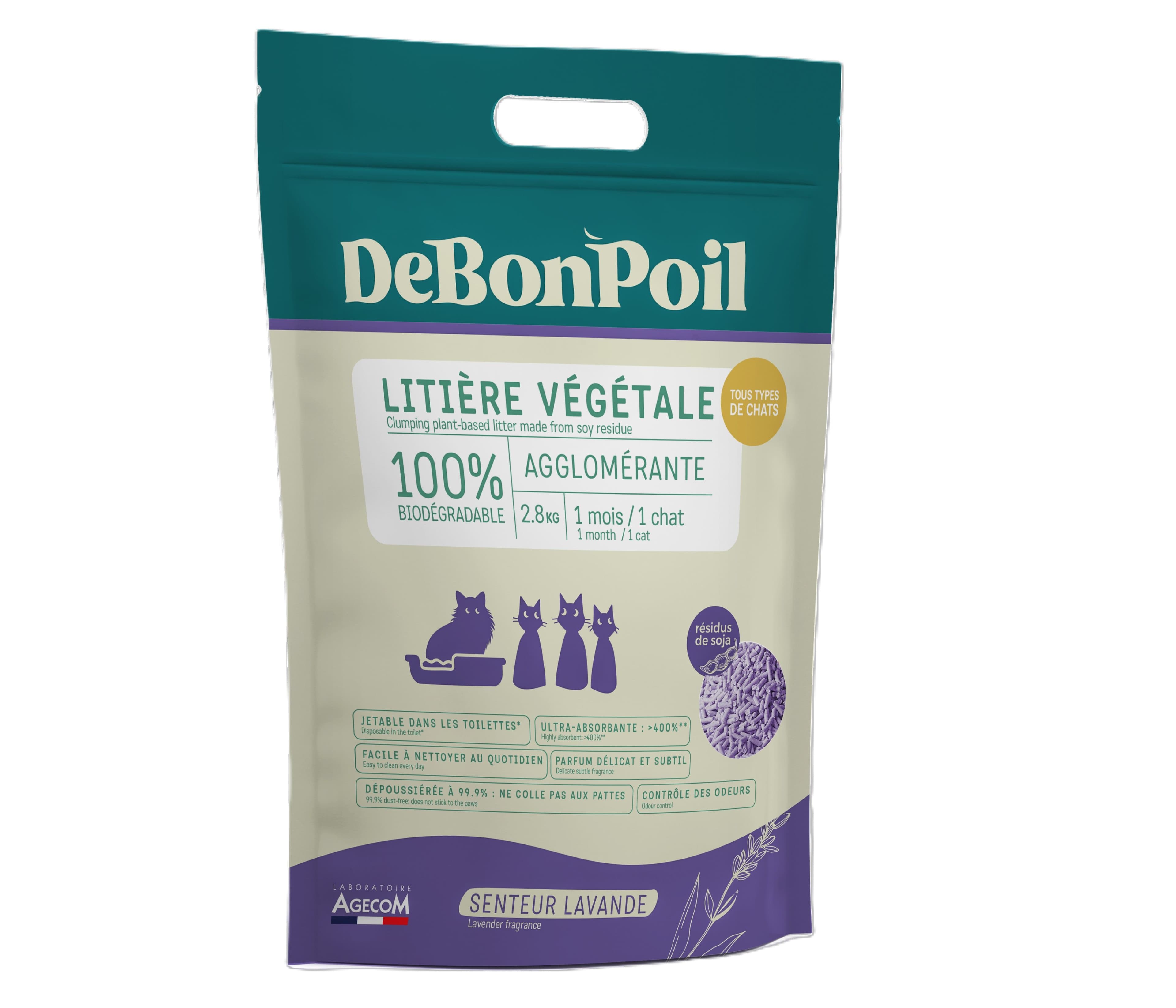 Sac de 2,8 kg de litière végétale agglomérante DeBonPoil senteur lavande jetable aux toilettes.