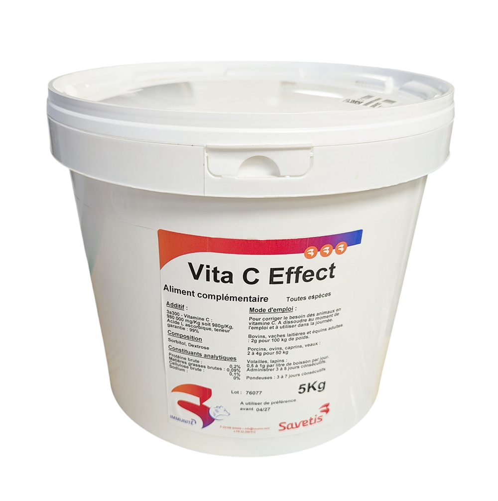 Vitamine C Effect Savetis 5 kg – complément antioxydant pour animaux d’élevage.