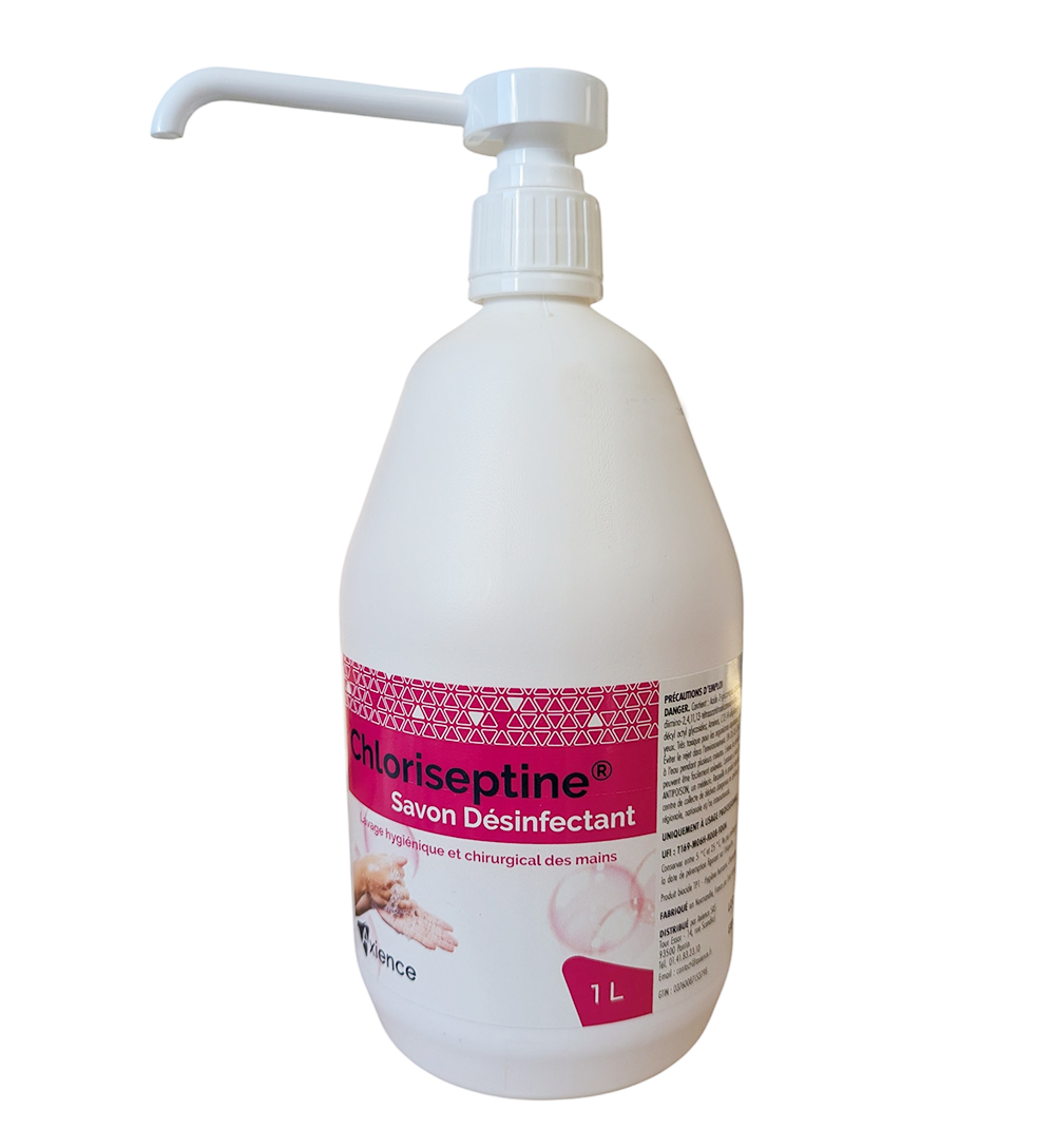 Savon désinfectant CHLORISEPTINE 1L avec pompe – hygiène antiseptique des mains pour milieux médicaux et vétérinaires