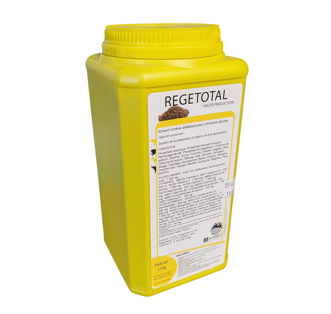 Pot de 1,5 kg REGETOTAL, aliment minéral granulé pour bovins, ovins, caprins et porcins.