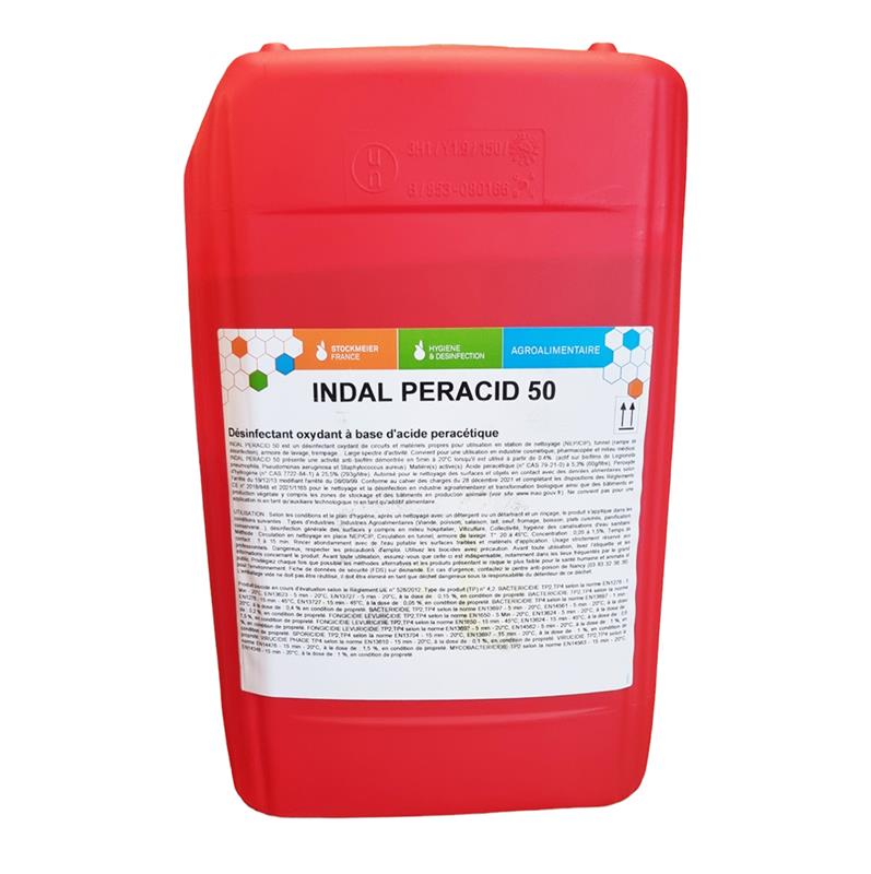 Bidon rouge de 21 kg d'INDAL PERACID 50, désinfectant oxydant professionnel à base d'acide péracétique pour l'agroalimentaire.