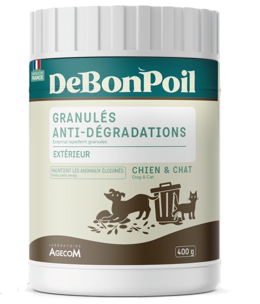 Flacon de 400 g de Granulés Anti-Dégradations Extérieur DeBonPoil du Laboratoire Agecom, répulsif pour chien et chat fabriqué en France.