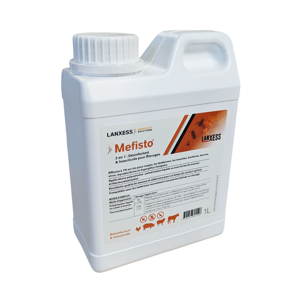 Bidon de 1 litre de Mefisto LANXESS, solution 2-en-1 désinfectante et insecticide pour l'élevage, efficace contre les virus, bactéries, poux rouges et ténébrions.