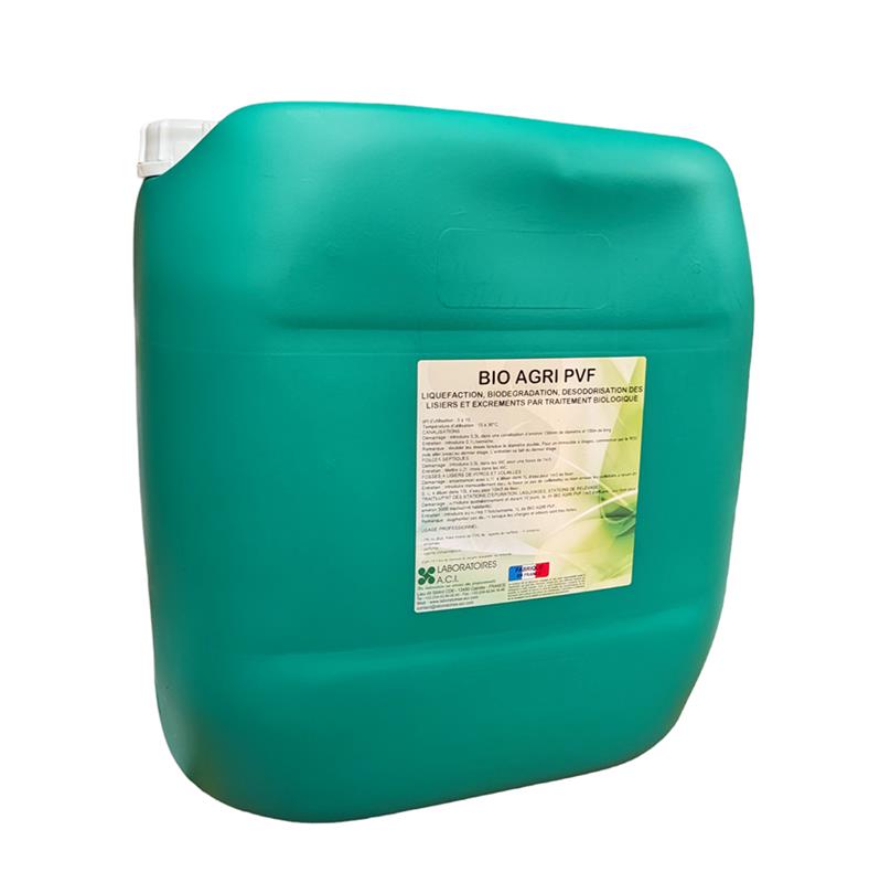 Bidon vert de 30L de Neutralisant BIO-AGRI P.V.F, traitement biologique pour la liquéfaction et la désodorisation des lisiers et fosses d'élevage.