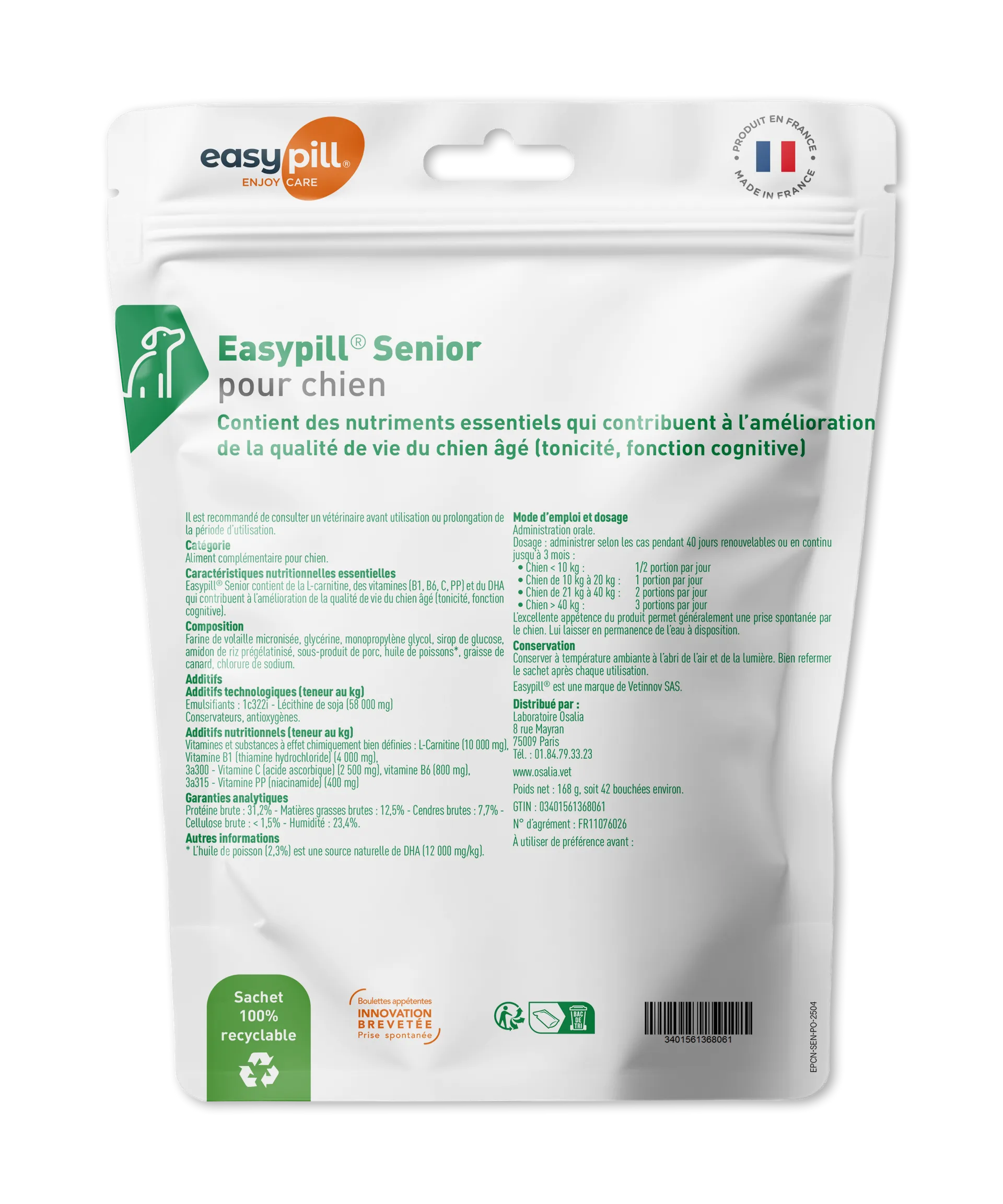 Sachet Easypill Senior Chien 42 bouchées - Complément vitalité chien âgé avec DHA et L-carnitine.