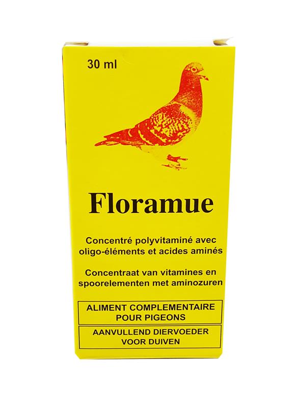 Floramue 30ml vitamines pour mue pigeon boite jaune.