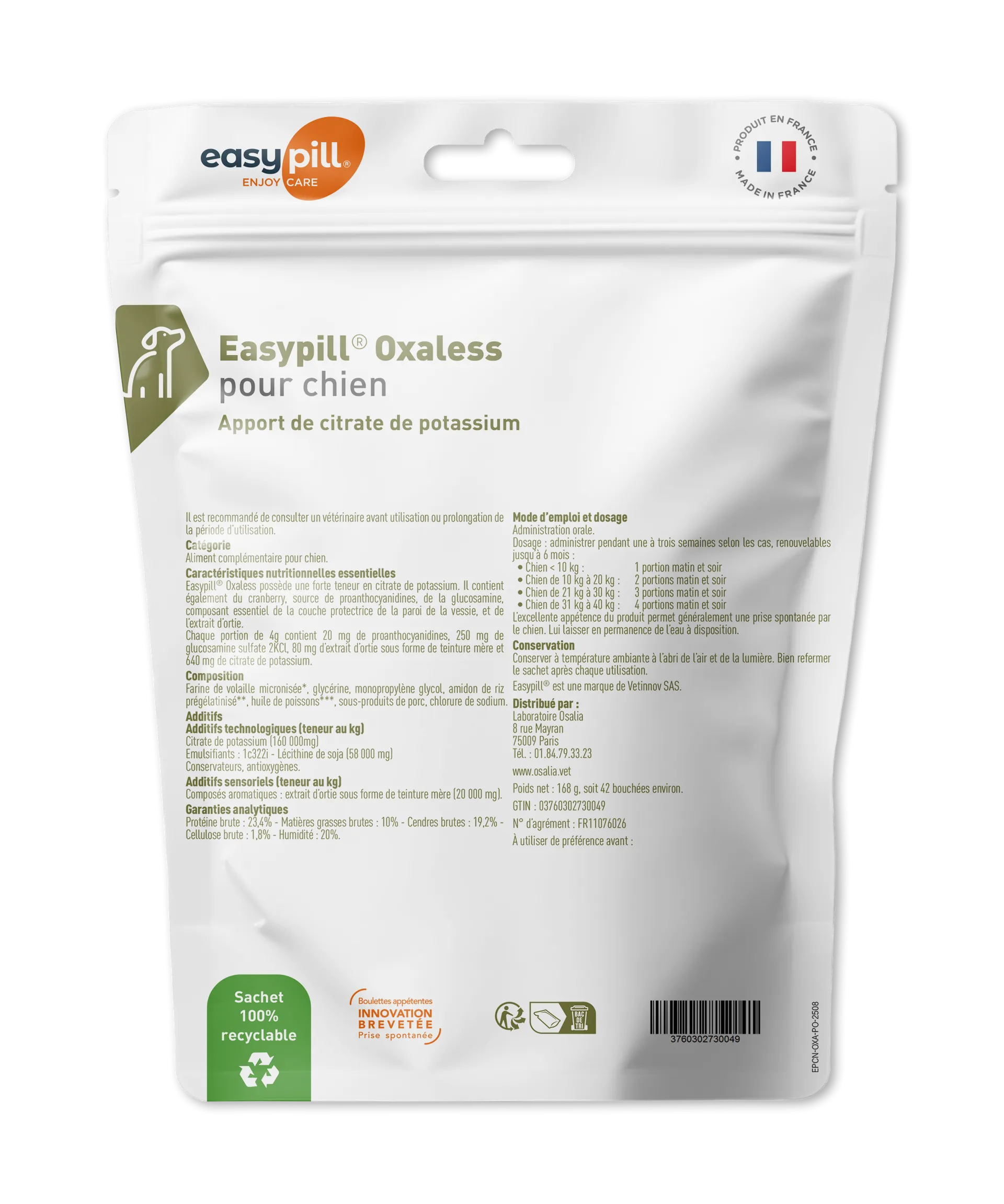 Sachet Easypill Oxaless pour chien 42 bouchées - Complément alimentaire au citrate de potassium contre les calculs d'oxalate de calcium