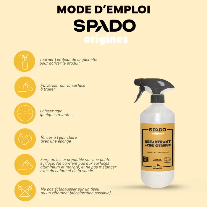 Flacon spray de 750 ml de Détartrant Acide Citrique en Gel SPADO Origines, étiquette ocre indiquant l'élimination du calcaire et de la rouille, certifié Ecocert.