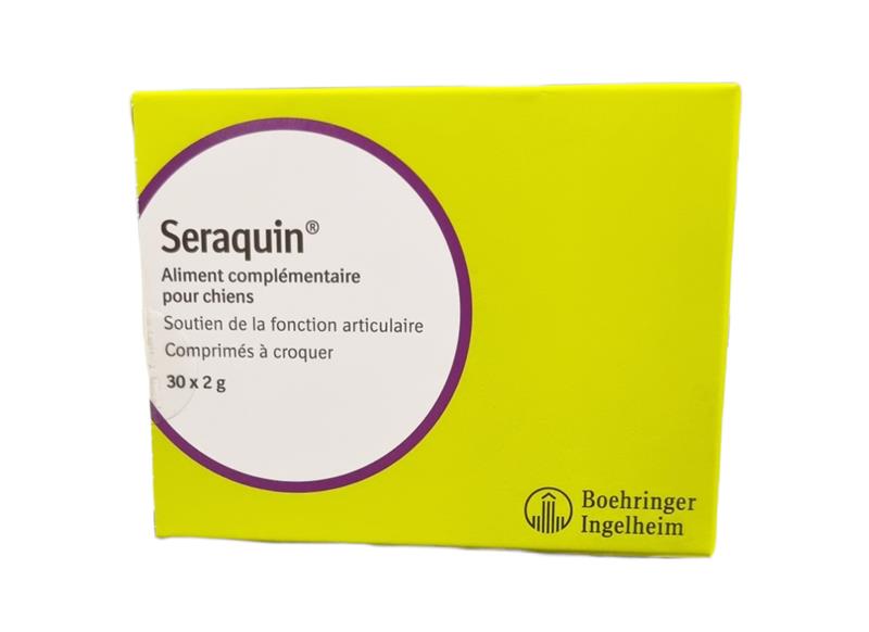 Boîte de Seraquin Boehringer Ingelheim, aliment complémentaire pour chiens de 30 comprimés à croquer de 2g pour le soutien de la fonction articulaire.