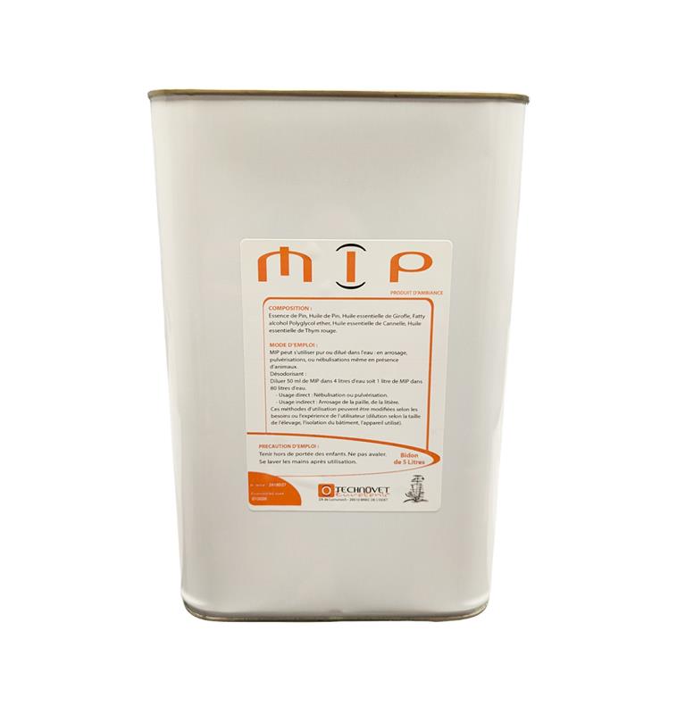 Bidon métallique de 5 Litres de MIP Technovet, complexe d'huiles essentielles pour l'hygiène de l'atmosphère et la désodorisation des locaux d'élevage.