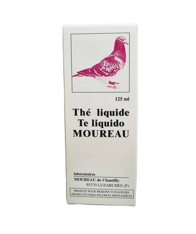 Boîte blanche et flacon de Thé Liquide MOUREAU 125 ml montrant un pigeon voyageur rouge, complément alimentaire hépatique pour la colombophilie.