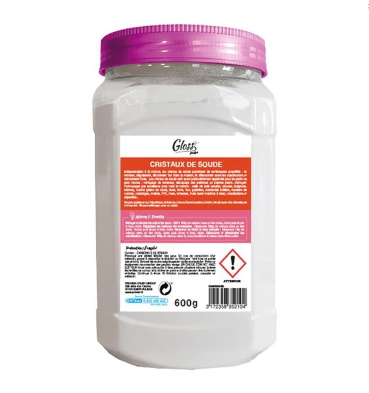 Pot blanc de 600 g de Cristaux de Soude Gloss avec couvercle rose, produit de fabrication française pour dégraisser, décaper et déboucher toute la maison.