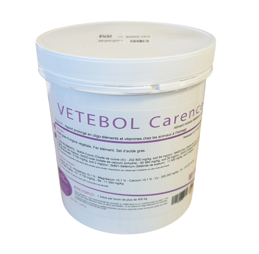 Vetebol Carence 16x84g – bolus nutritionnel pour bovins, correction des carences minérales et vitaminiques