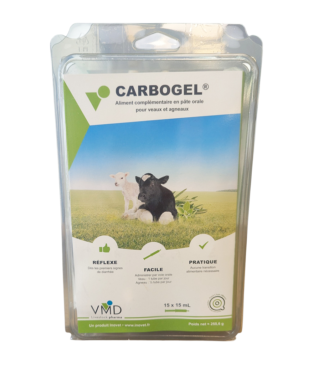 Boîte de 15 tubes de CARBOGEL avec une seringue orale prête à l'emploi pour le traitement des troubles digestifs chez les veaux et agneaux.