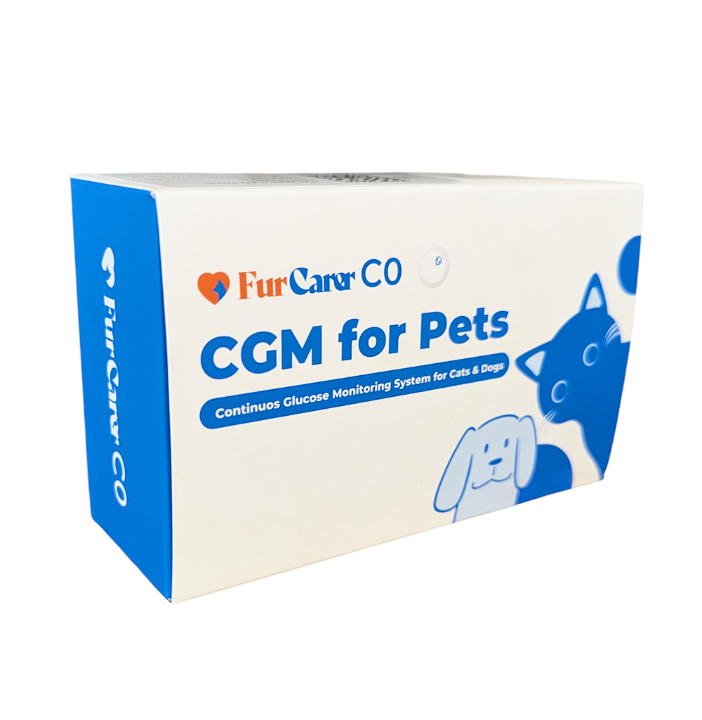 Boîte blanche et bleue du dispositif médical vétérinaire FurCarer CGM for PETS, illustrant un chien et un chat.