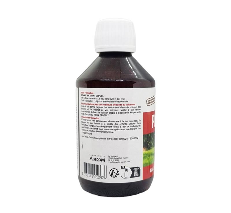 Flacon de 250 ml de Poux Protect Le Fermier, complément alimentaire naturel contre les poux rouges, utilisable en agriculture biologique.