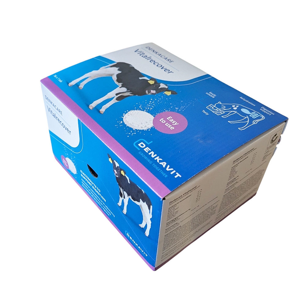 Boîte bleue et blanche de 36 galets effervescents DENKACARE Vitalrecover par Denkavit, solution électrolytique pour la réhydratation des veaux.