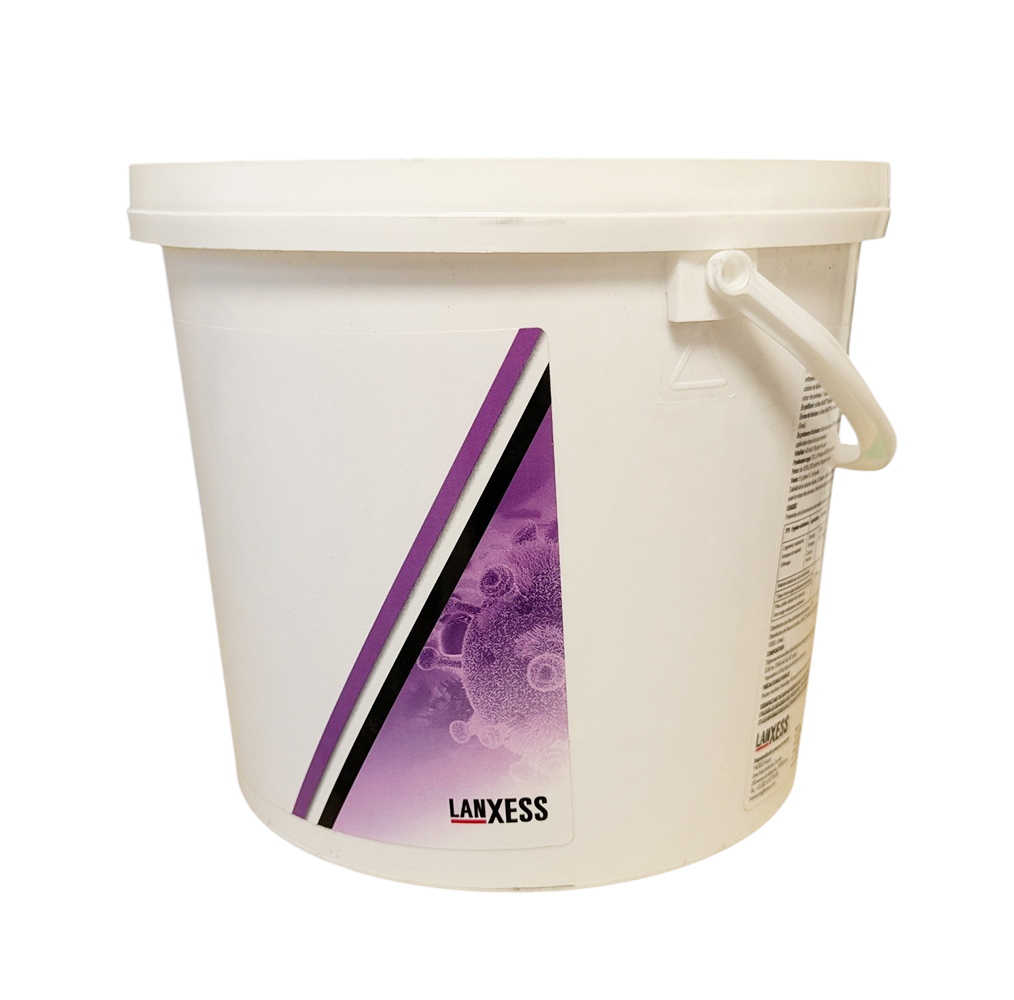 Seau de 10 kg de BioVX™ LANXESS, désinfectant poudre rose virucide et bactéricide pour l'hygiène des exploitations agricoles.