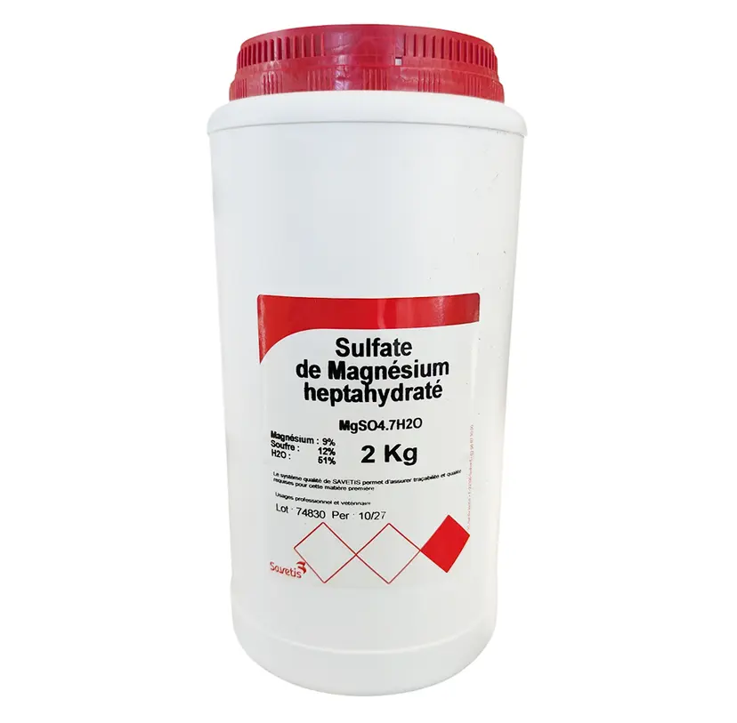 Pot de 2 kg de Sulfate de Magnésium heptahydraté Savetis, matière première pour l'alimentation des animaux, riche en magnésium et soufre.