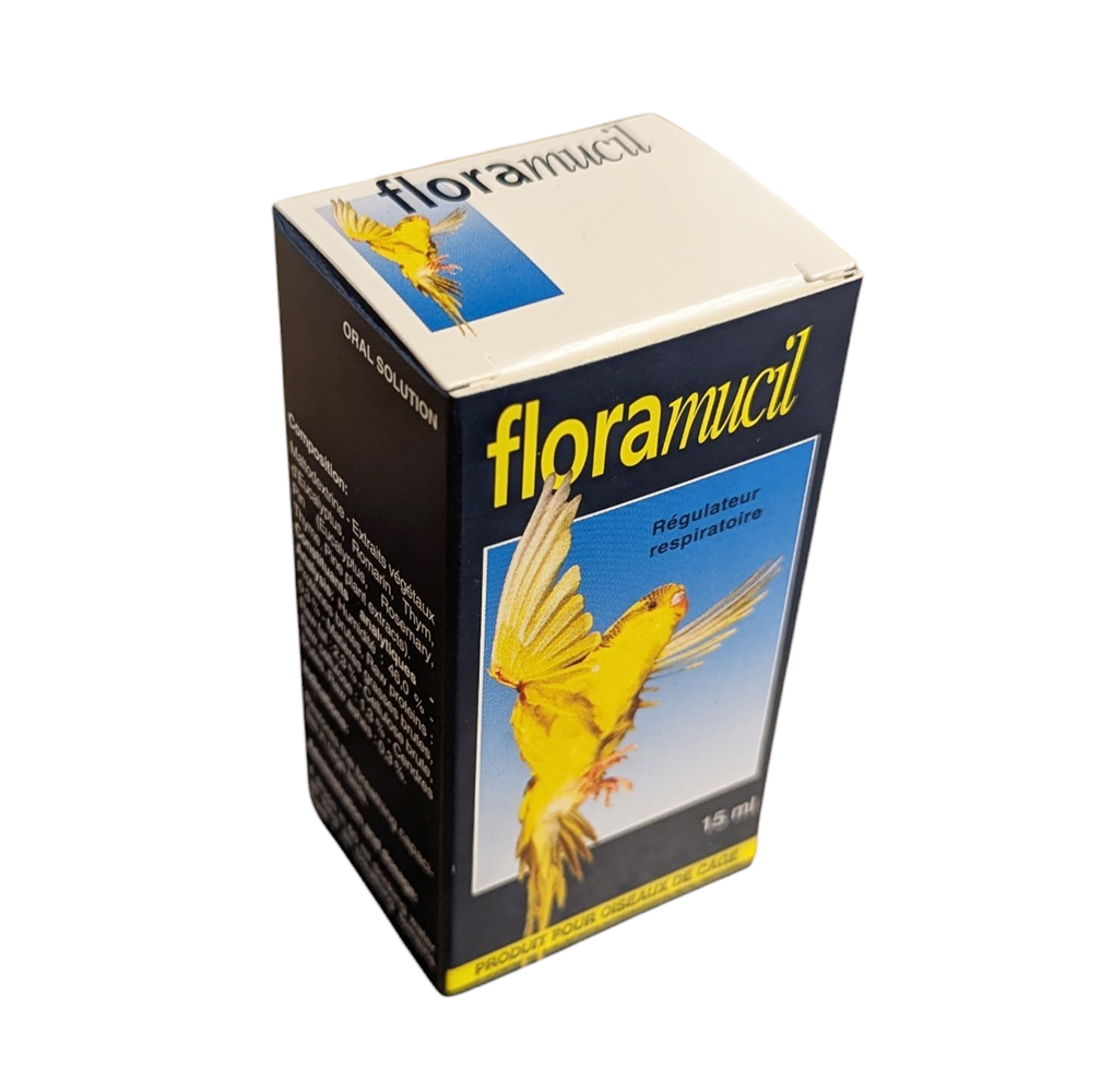 Flacon et boîte Floramucil 15ml, gouttes respiratoires pour canaris et perruches aux huiles essentielles.