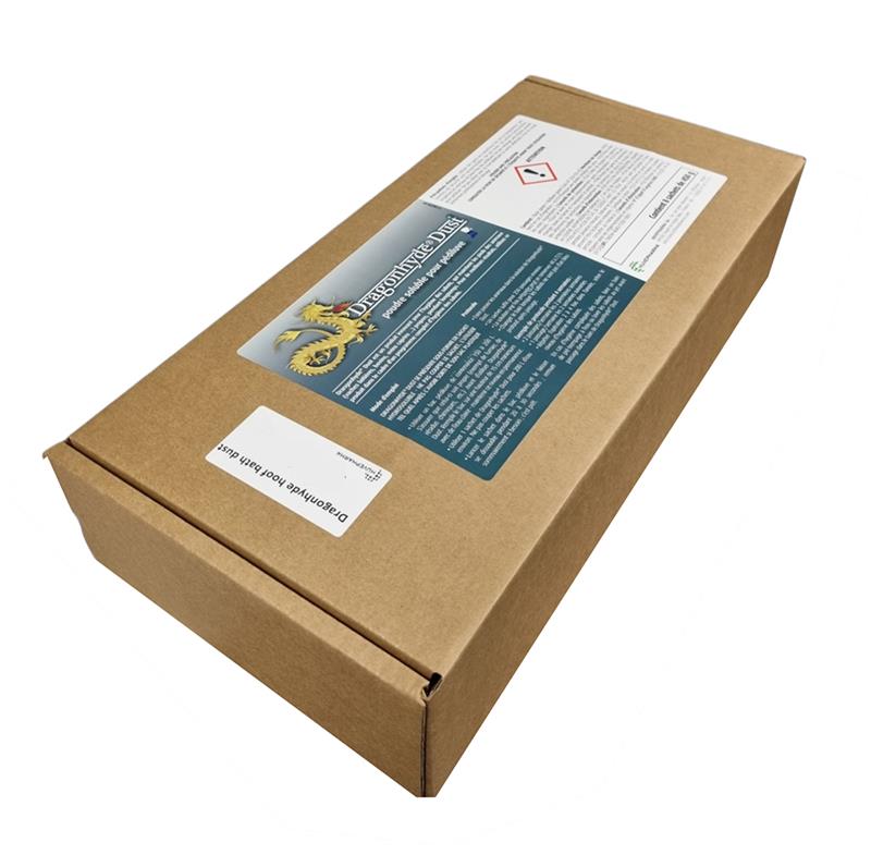 Boîte en carton de Dragonhyde Dust contenant 8 sachets de poudre soluble pour pédiluve, solution innovante pour le soin des sabots des animaux d'élevage.