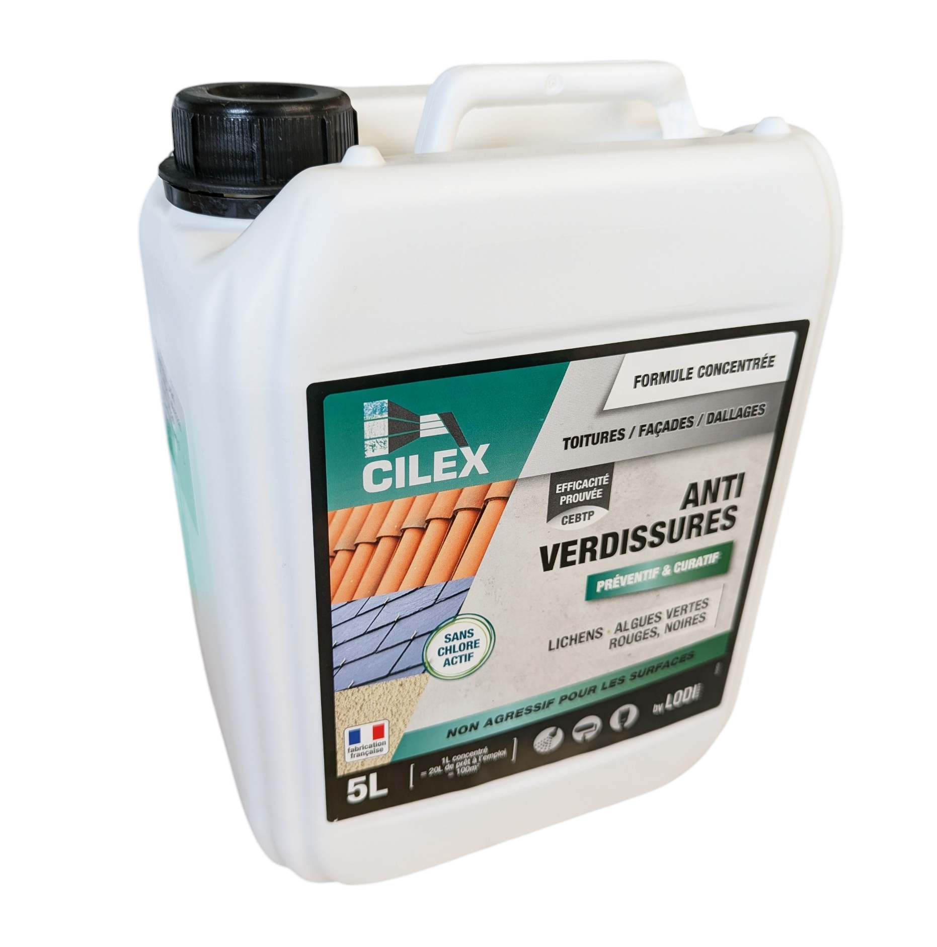Bidon Cilex Anti-Verdissures 5L nettoyant toiture équivalent Net'toit sans chlore.