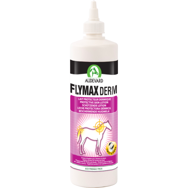 Flacon blanc de 500 ml de lait protecteur dermique Flymax Derm Audevard pour chevaux avec bouchon applicateur blanc.