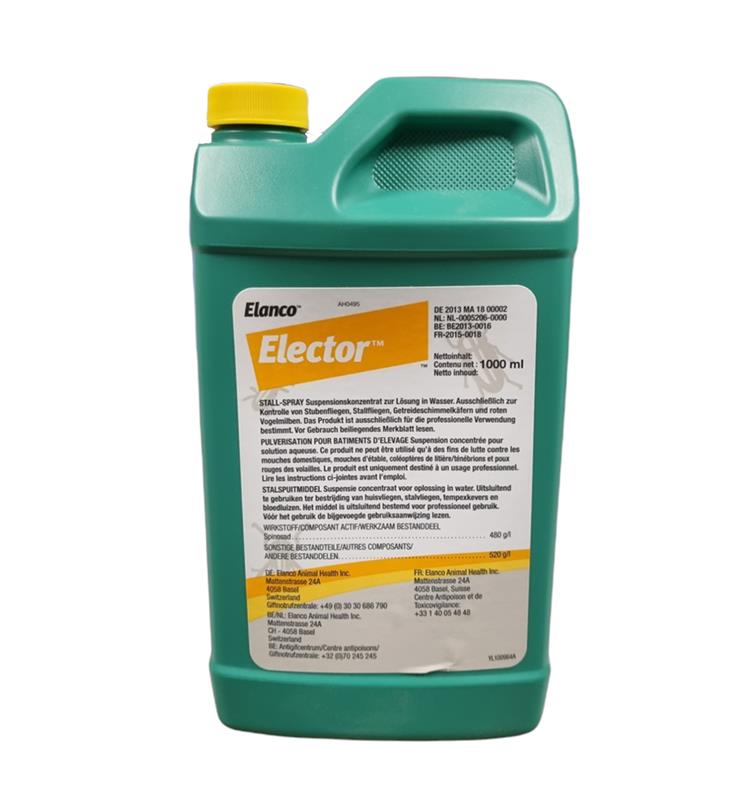 Bidon de 1 litre d'insecticide Elector Elanco pour le contrôle des poux rouges et mouches en élevage.