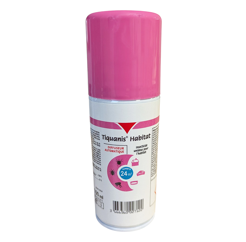 Aérosol Tiquanis Habitat Fogger de 100 ml, diffuseur automatique rose et blanc pour le traitement des puces et punaises de lit jusqu'à 24m².