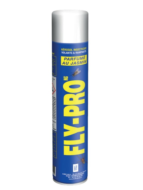 Flacon aérosol bleu et jaune de 750 ml de l'insecticide FLY PRO NG de Lodi Group, parfumé au jasmin pour insectes volants et rampants.