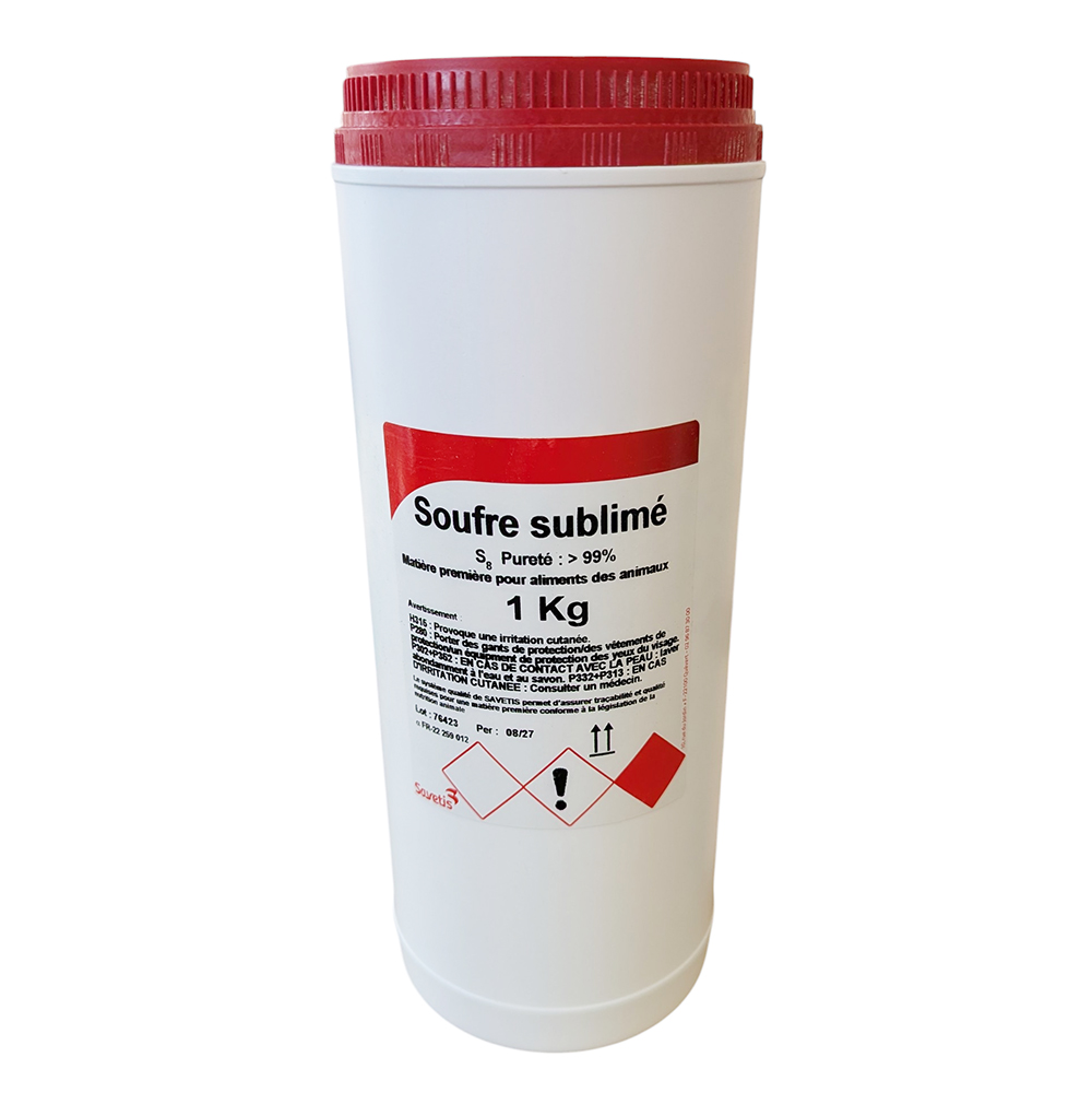 Soufre sublimé technique Savetis 1 kg – désinfectant, adoucissant et fongicide pour l’élevage.