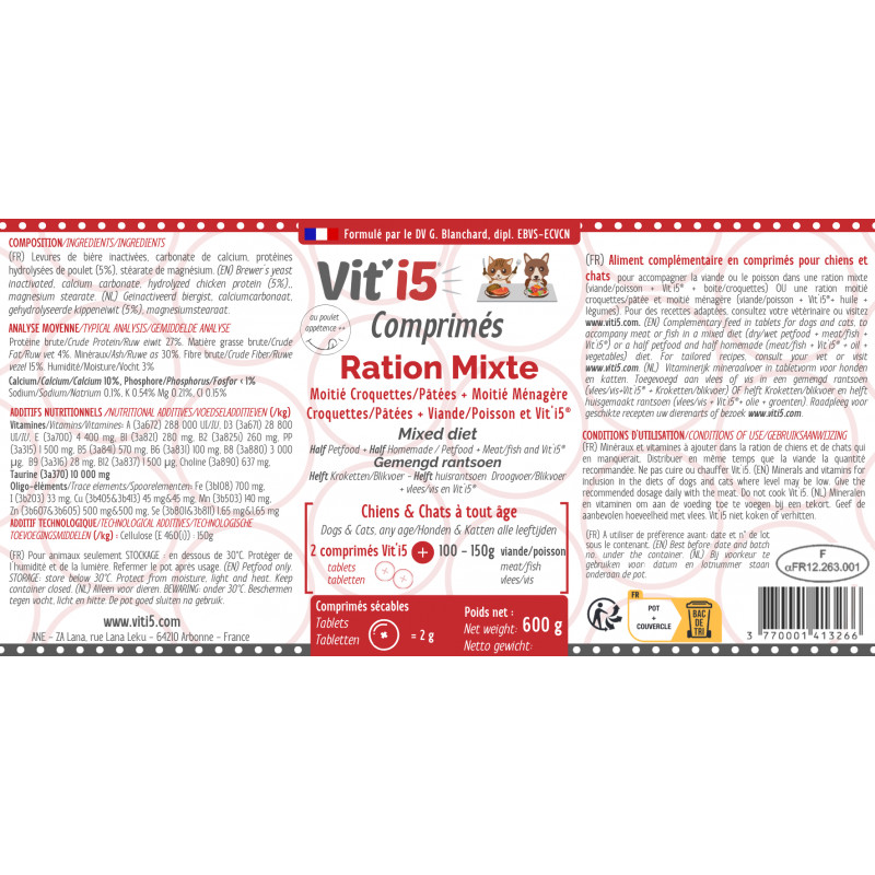 Pot blanc de 600g de Vit'i5 Ration Mixte (Rouge) en comprimés pour l'équilibre nutritionnel des rations mixtes chiens et chats.