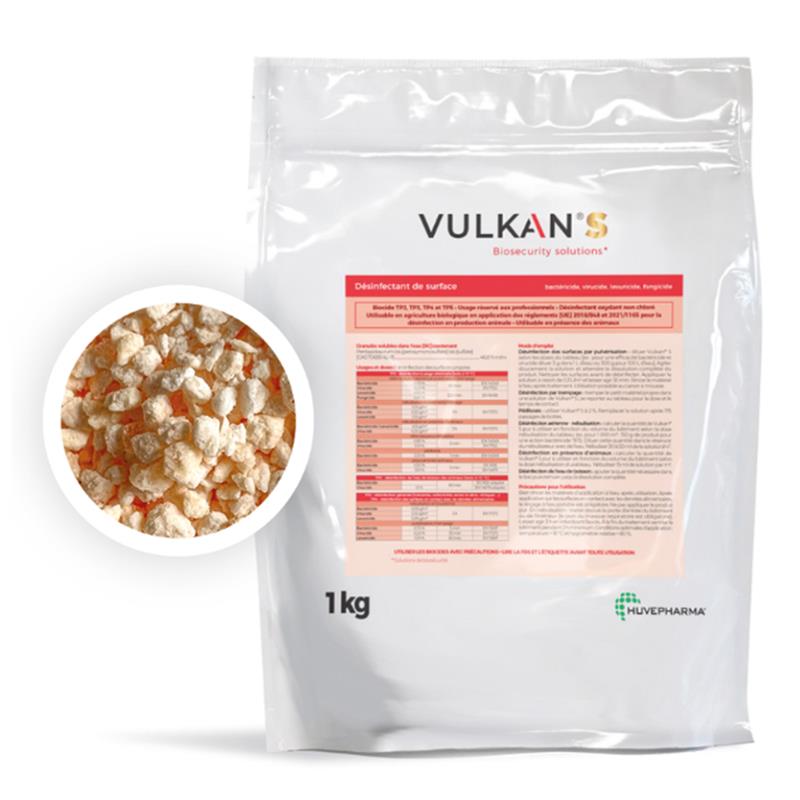 Sachet blanc de 1 kg de désinfectant VULKAN'S par Huvepharma, microgranulés pour la biosécurité en élevage.
