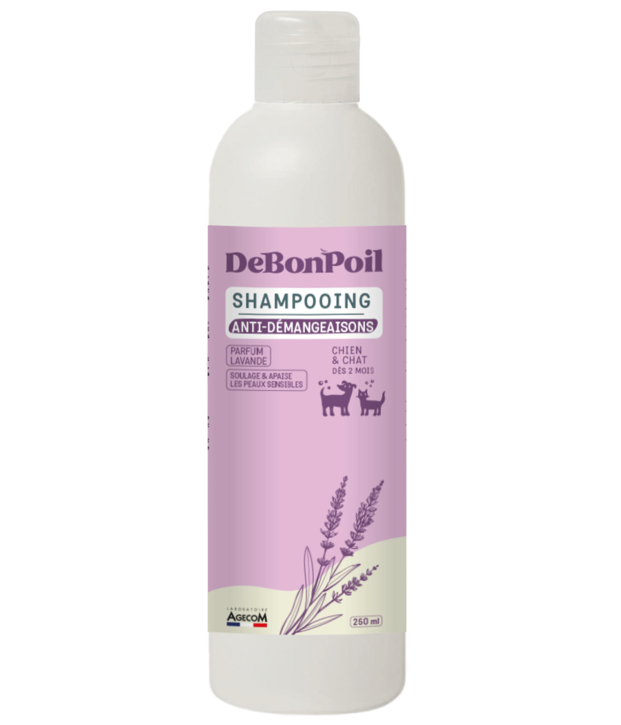 Flacon blanc de 250 ml de Shampooing Anti-Démangeaisons DeBonPoil pour chien et chat parfum lavande fabriqué en France.