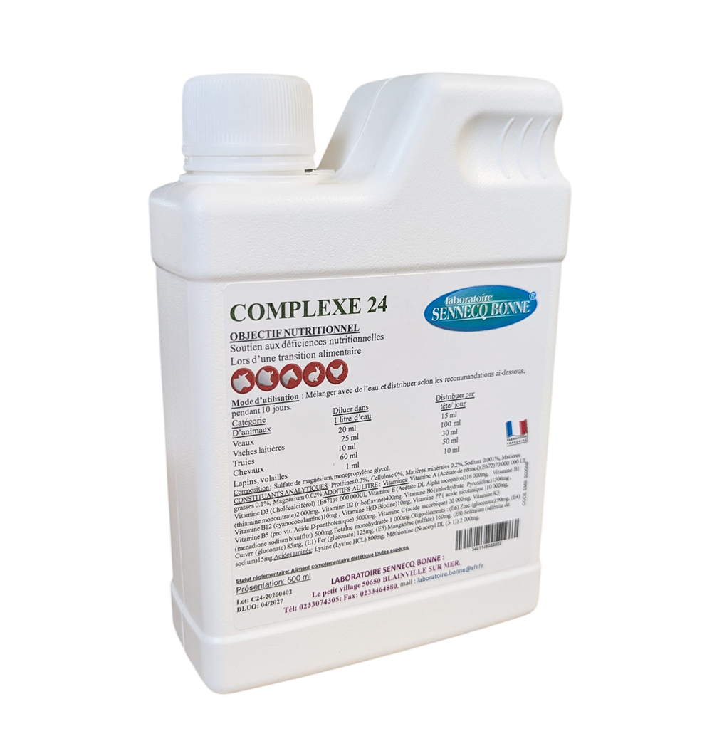 Flacon gris de COMPLEXE 24 500 ml du Laboratoire Sennelco Bonne, tonique physiologique multivitaminé pour volailles, lapins, bovins et porcins, stimulant la vitalité et la croissance.