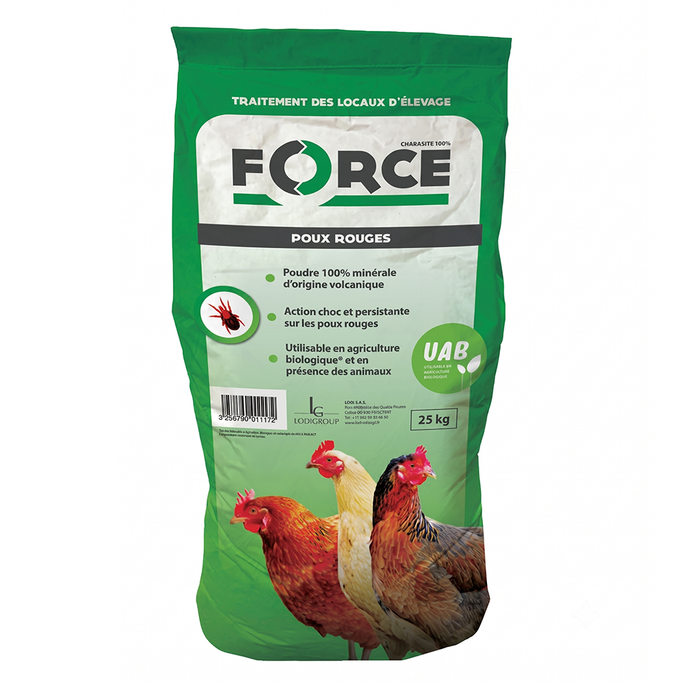 Grand sac vert de 25 kg de poudre minérale FORCE Poux Rouges de Lodi Group pour le traitement des locaux d'élevage.