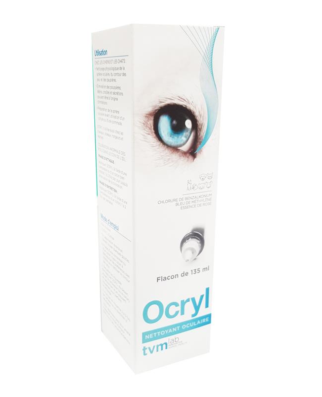 Flacon de 135 ml de nettoyant oculaire Ocryl TVM, solution physiologique bleue pour le soin des yeux des chiens, chats et chevaux.