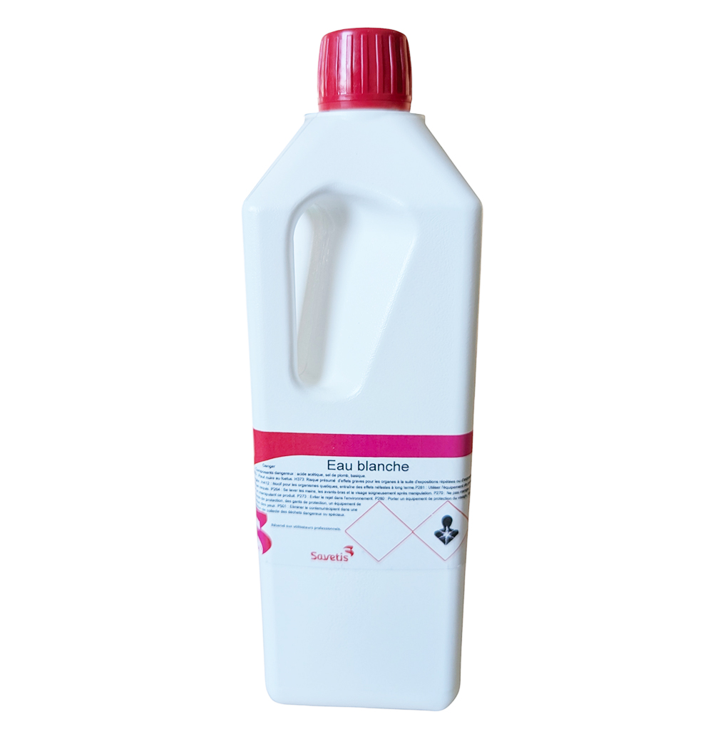 Bouteille 1L Eau Blanche Savetis soin astringent tendinite cheval sous-acétate de plomb