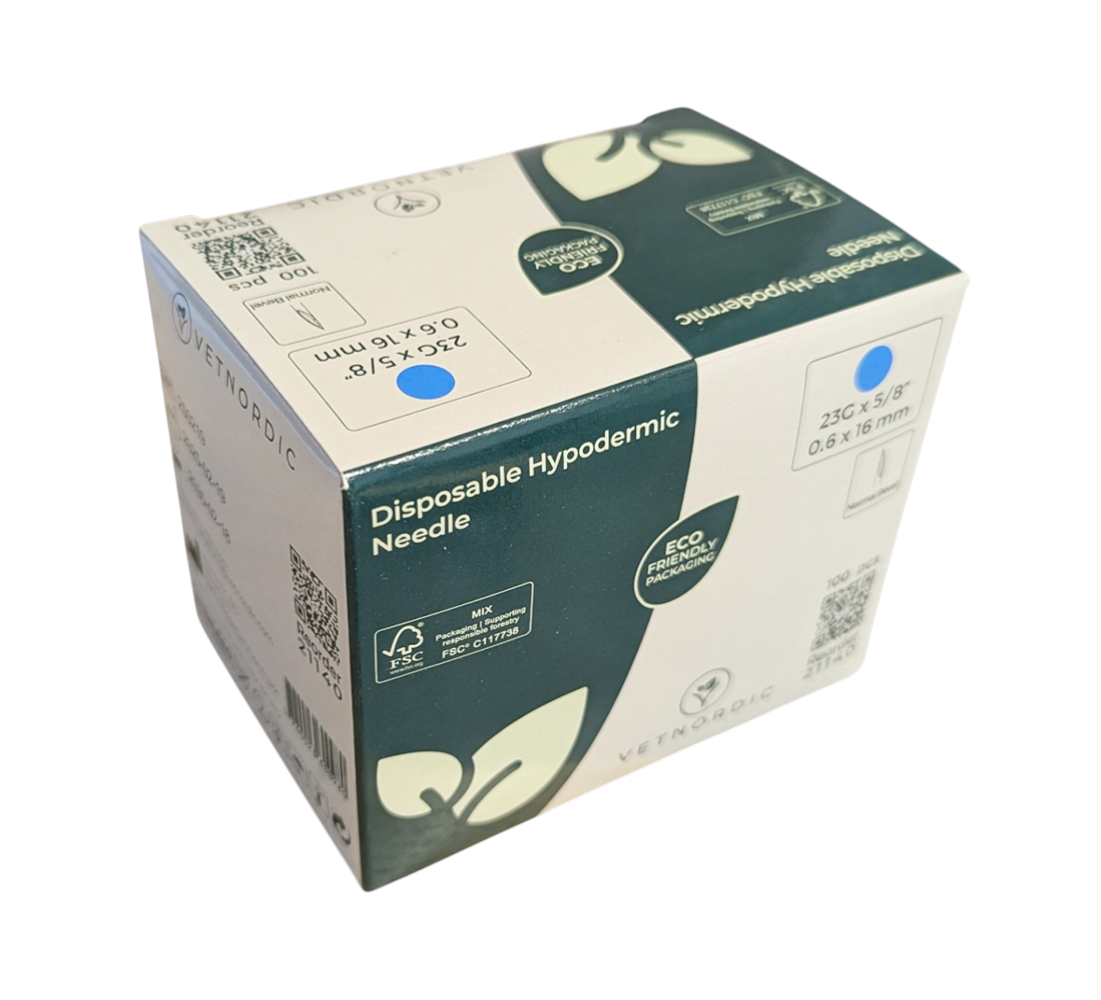 Boîte de 100 aiguilles hypodermiques VetNordic 23G Bleue 16mm, pour chatons et NAC.