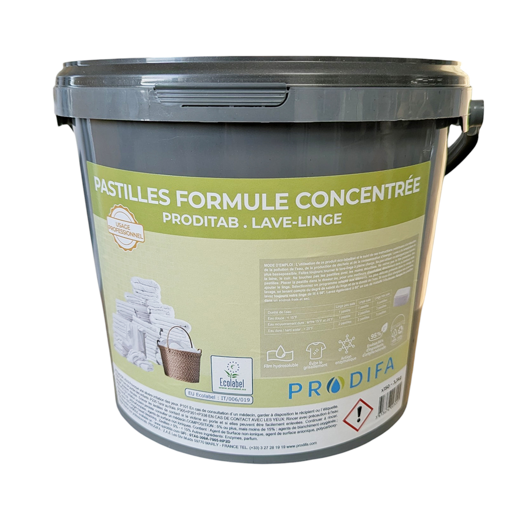 Seau gris de 125 pastilles lave-linge PRODITAB certifié Ecolabel, formule professionnelle concentrée pour textiles blancs et couleurs.