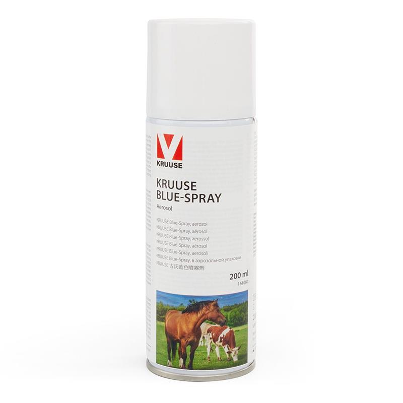 Bombe aérosol blanche KRUUSE Blue-Spray de 400 ml avec visuel de cheval et vache, pour le soin protecteur et désinfectant des plaies animales.